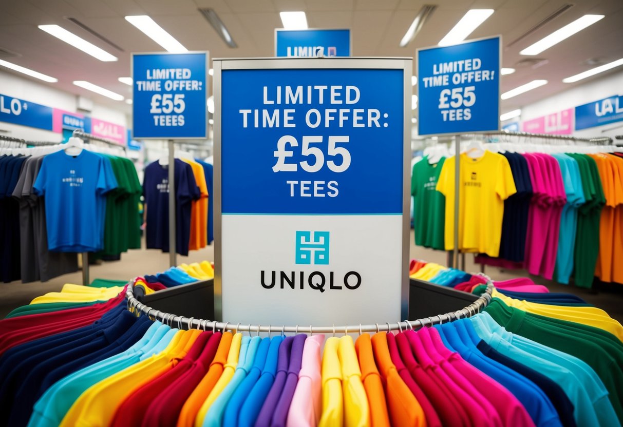 A vibrant display of colorful t-shirts with the words "Limited Time Offer: £5 Tees" at a Uniqlo store, surrounded by promotional signs