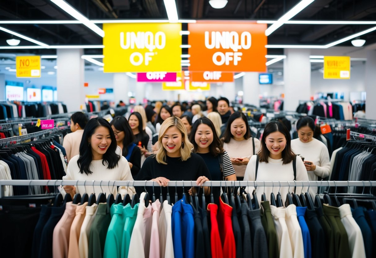 A crowd of shoppers happily browsing through racks of discounted Uniqlo clothing, with bright promotional signs and banners overhead