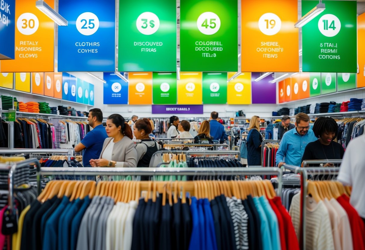 A busy retail store with colorful signage and shelves of clothing. Customers are seen browsing through racks of discounted items