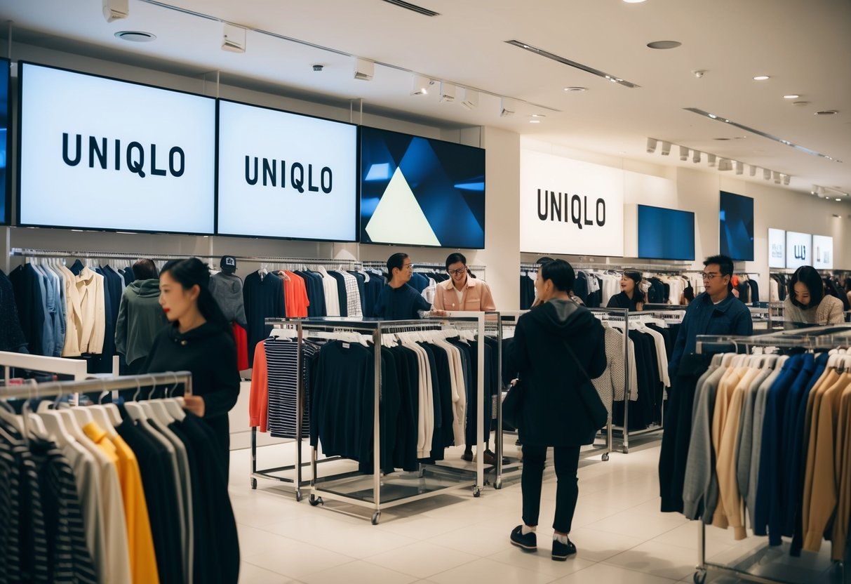 A busy Uniqlo store with eye-catching displays, bright promotional signage, and customers browsing through racks of clothing