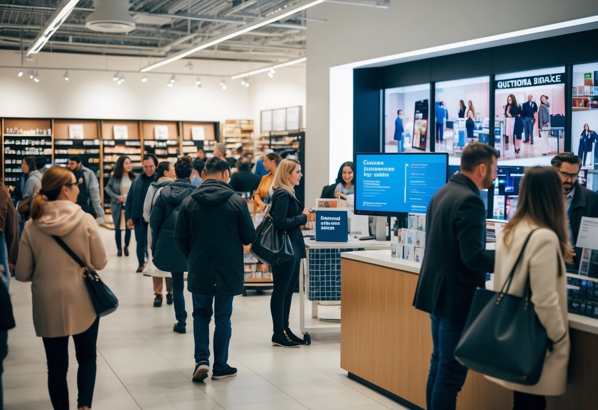 A busy store with people browsing, a large promotional display, and a customer service desk with a line of customers asking questions