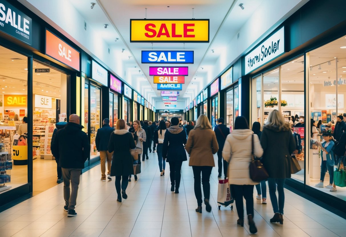 Brightly lit storefronts display sale signs and colorful banners. Shoppers move through the bustling mall, drawn to the various promotional displays