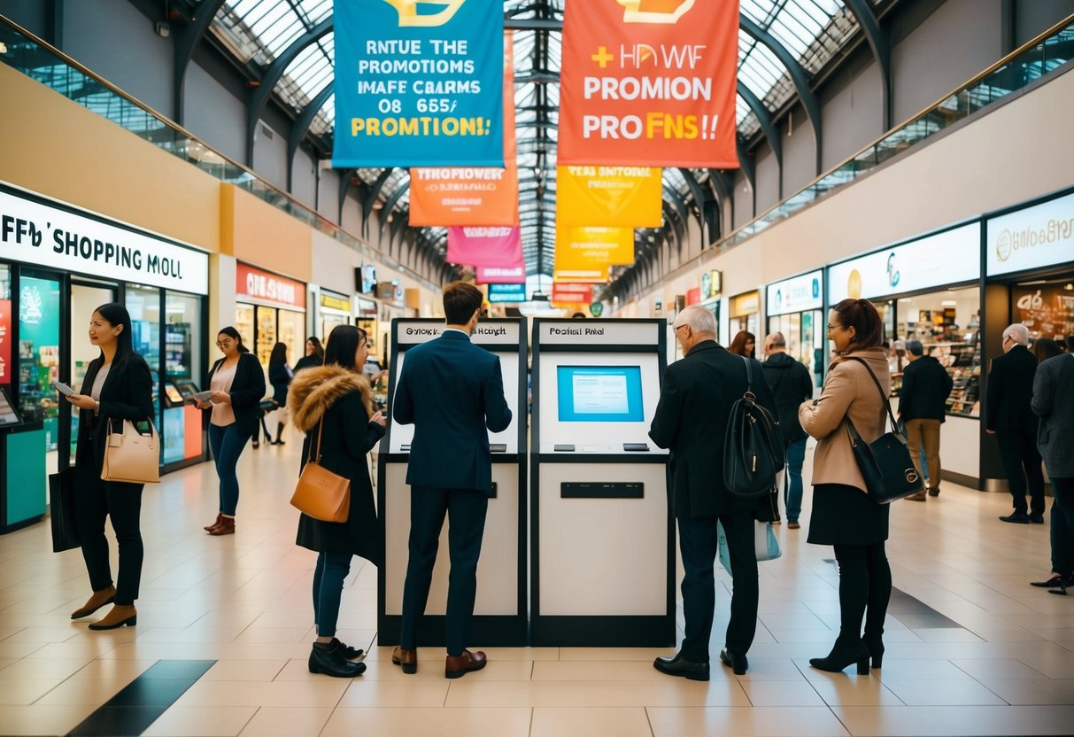A bustling shopping mall with colorful banners and signs advertising promotions. Customers approach information kiosks with questions