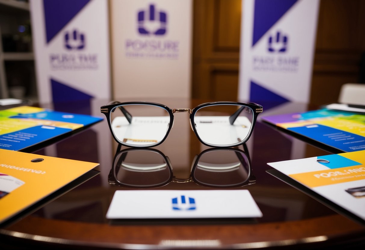 A sleek pair of glasses displayed on a polished wooden table, surrounded by colorful promotional materials and a logo-emblazoned banner