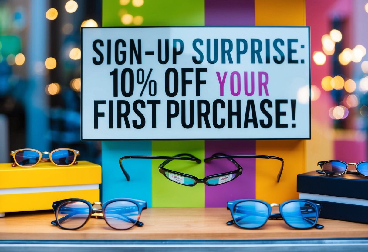 A colorful storefront window with a large sign reading "Sign-Up Surprise: 10% Off Your First Purchase!" surrounded by stylish eyeglasses and sunglasses