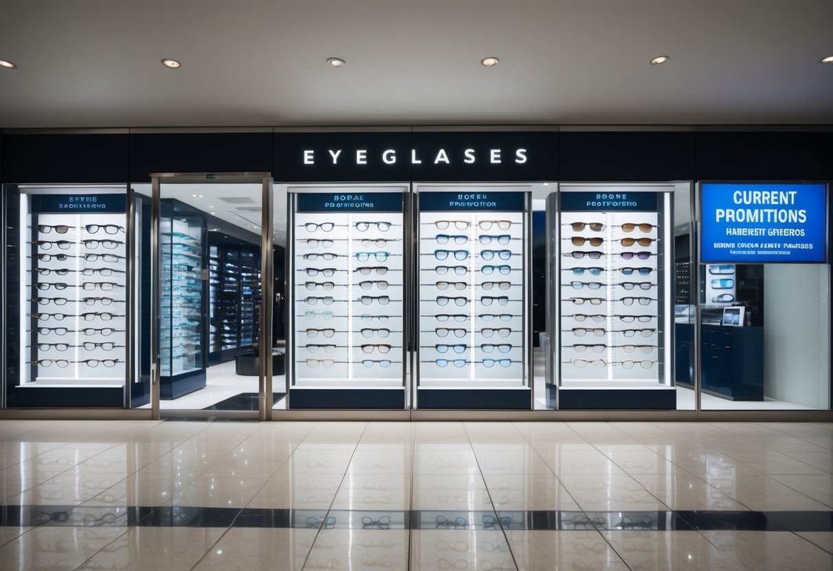 A sleek storefront with a large window display showcasing various eyeglasses and sunglasses. A sign advertises current promotions