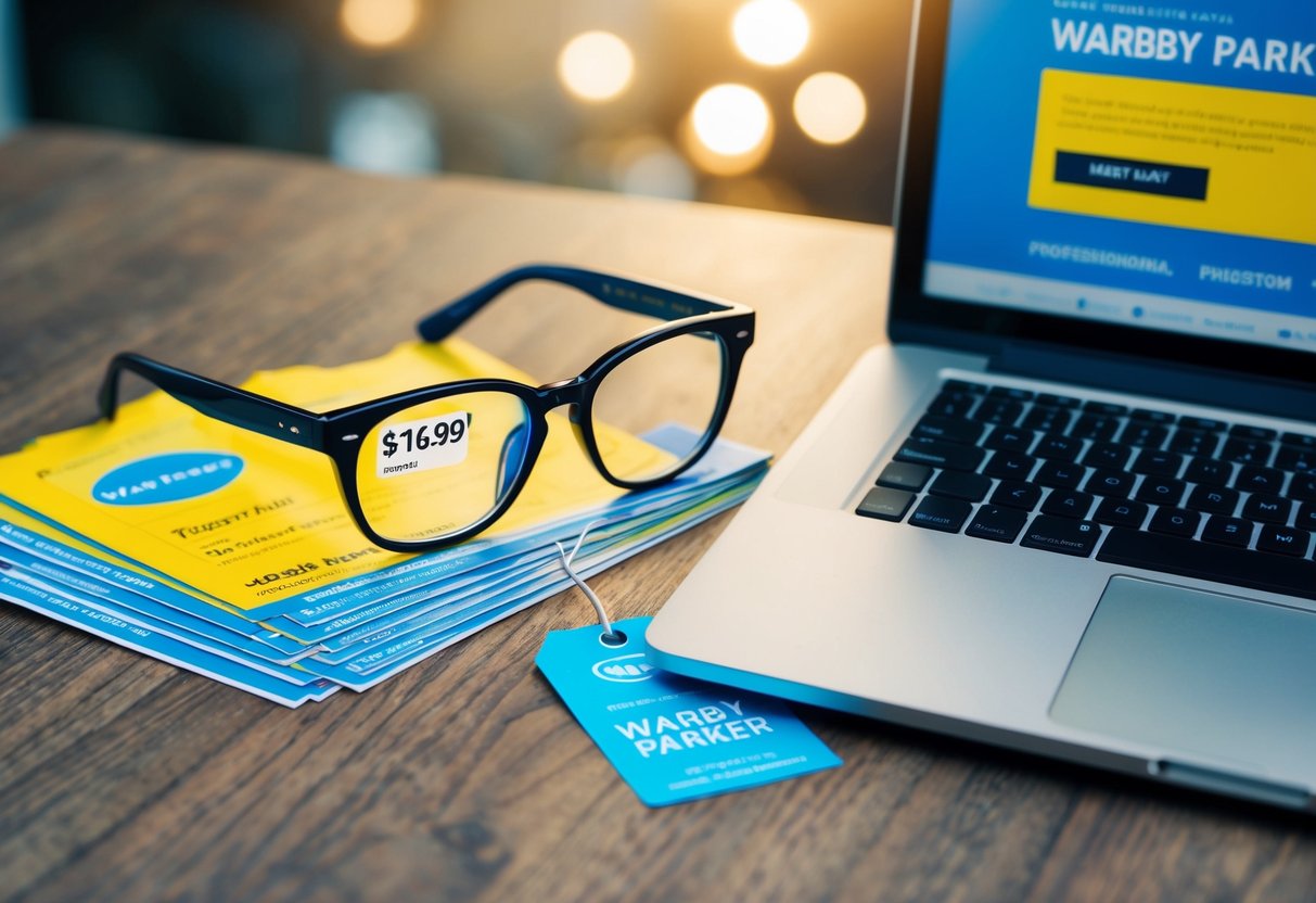 A pair of stylish eyeglasses with a discounted price tag next to a stack of promotional flyers and a laptop showing the Warby Parker website