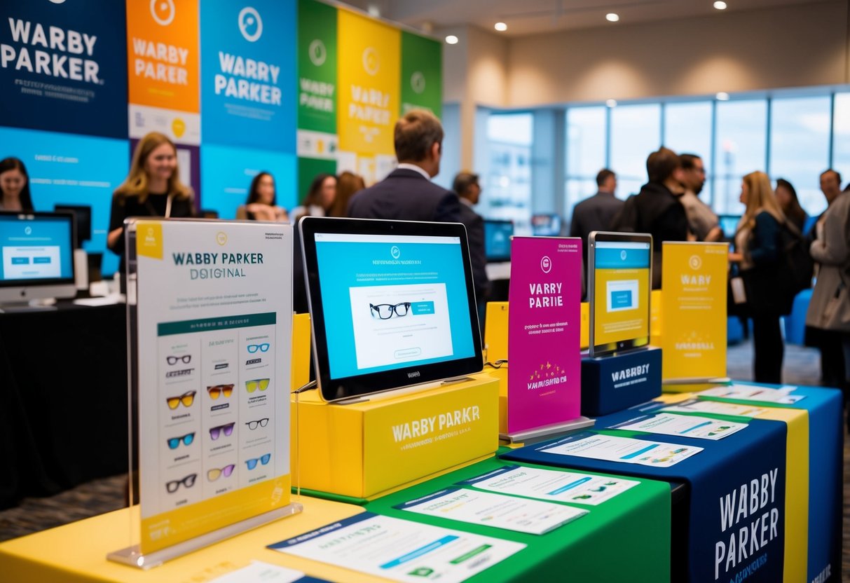 A colorful display of promotional materials for Warby Parker, including banners, flyers, and digital screens, with a line of customers in the background