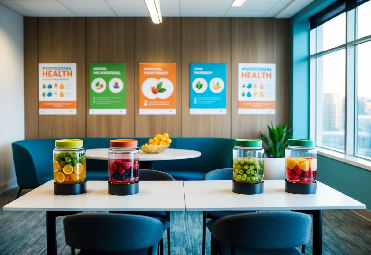A modern office break room with colorful fruit-infused water stations and promotional health posters