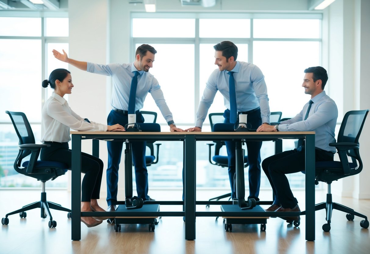 Employees at standing desks, stretching, and using ergonomic accessories in a bright, open office space