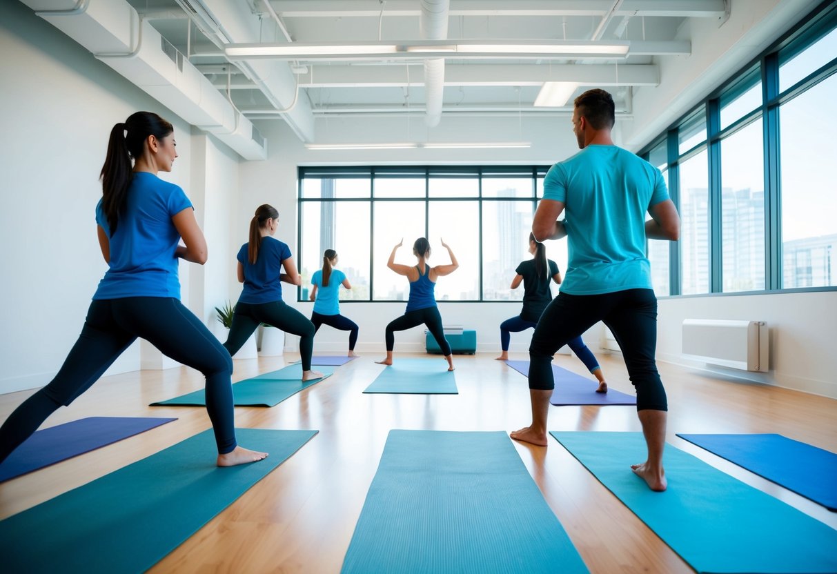 Employees in a bright, open office space practicing yoga together. Mats are laid out in a circle, and a large window lets in natural light