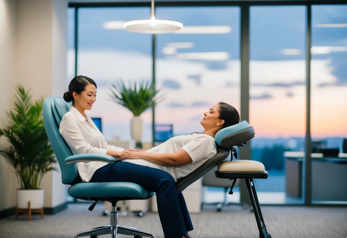 A serene office setting with a massage chair, calming decor, and a professional therapist providing on-site massage therapy for workplace health promotions