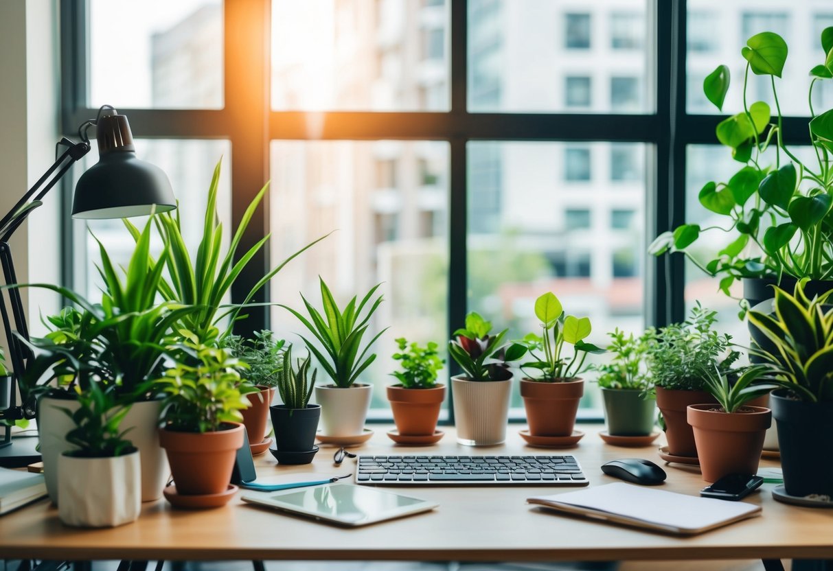 A cluttered desk with various potted plants and greenery, promoting workplace health and well-being