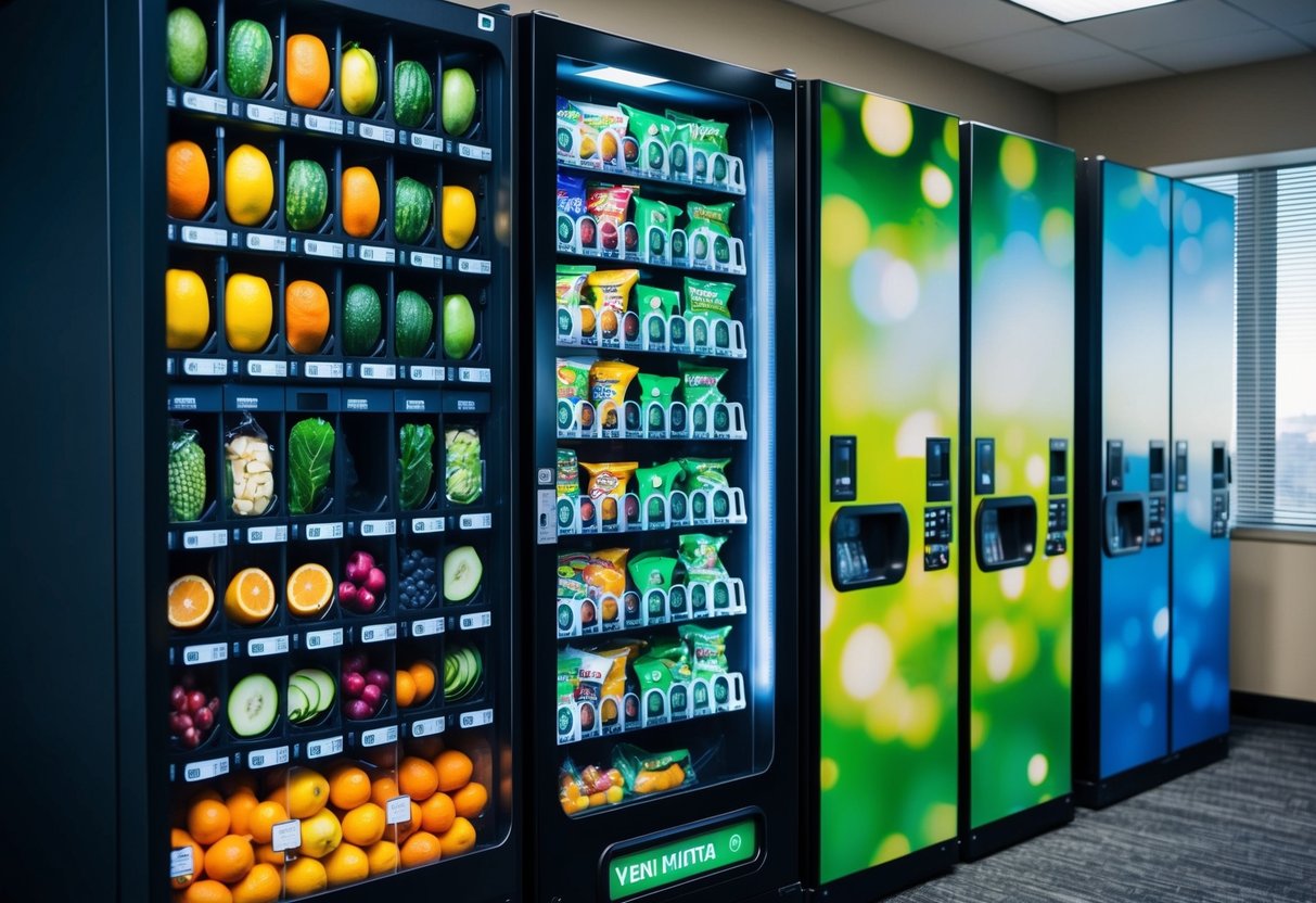 A vending machine filled with fresh fruits, vegetables, and healthy snacks in a workplace break room