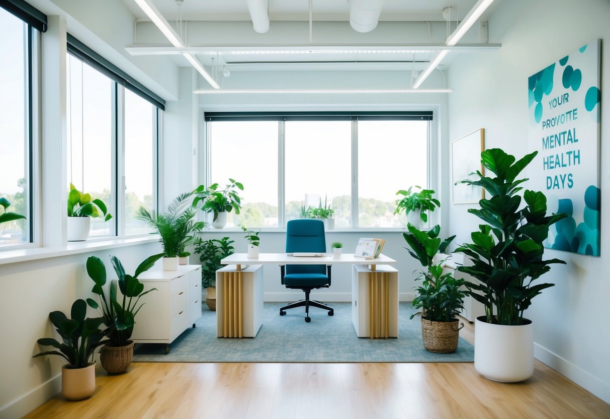 A serene office with a bright, open layout and large windows. Plants and calming artwork decorate the space, promoting mental health days