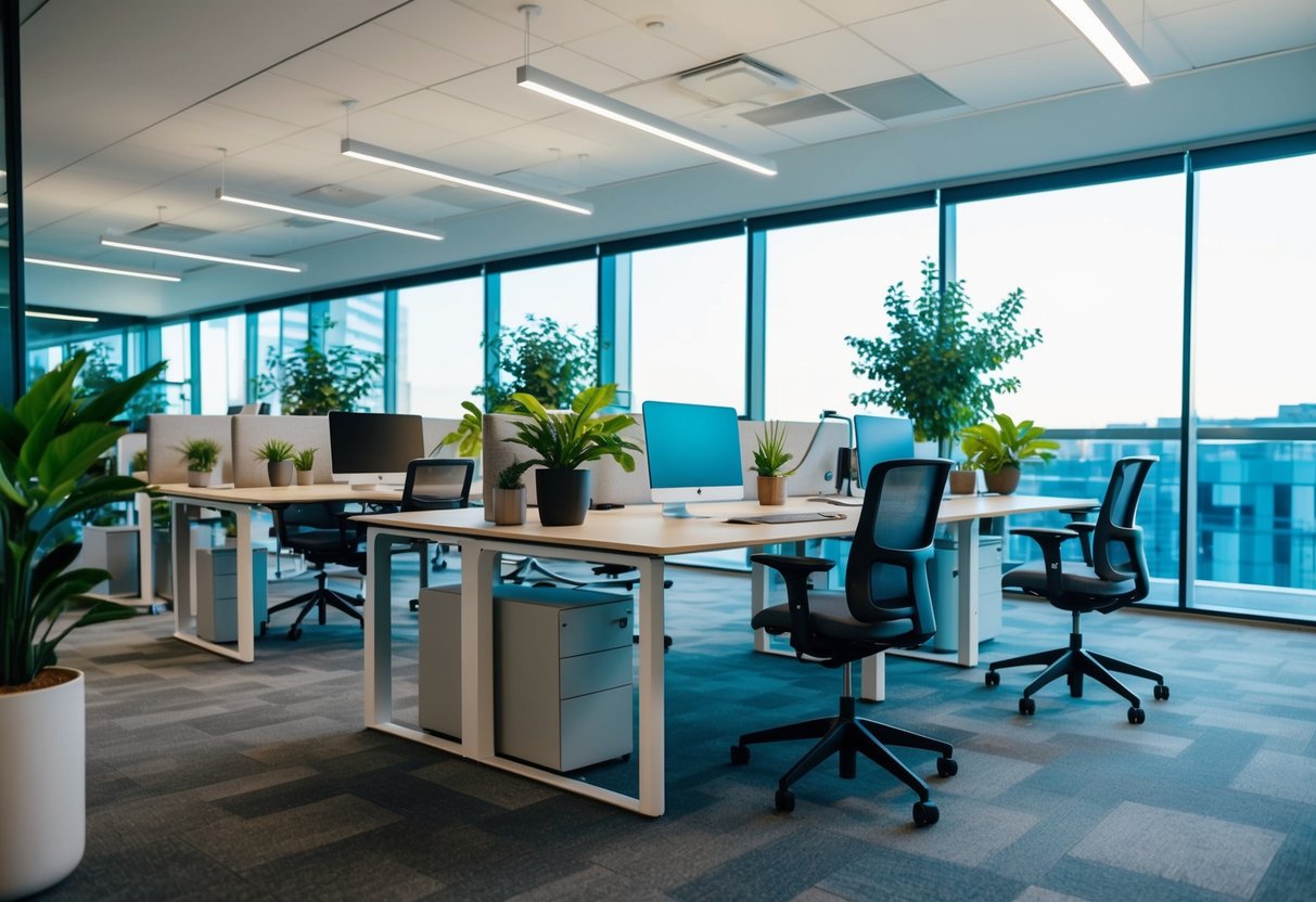 A modern office with adjustable desks, ergonomic chairs, and standing workstations. Plants and natural light promote workplace health and well-being