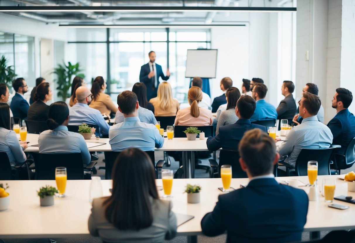 Employees gathered in a bright, open office space for a lunch-and-learn session on workplace health promotions. A speaker stands at the front, engaging the attentive audience