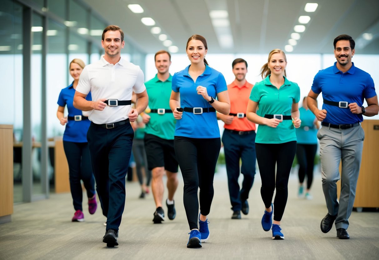 A group of office workers wearing pedometers, walking and engaging in physical activity during a workplace health promotion event