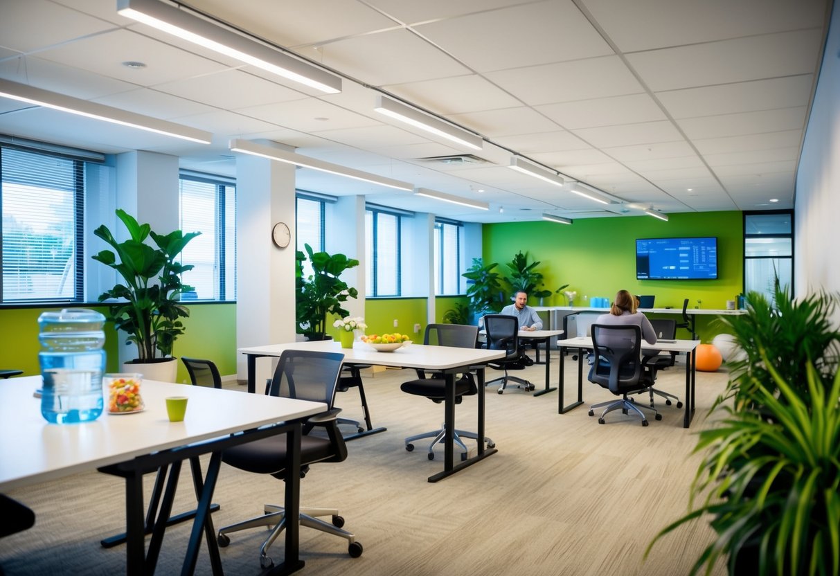 A bright, modern office space with plants, standing desks, and a communal area for exercise and relaxation. A water cooler and healthy snacks are available