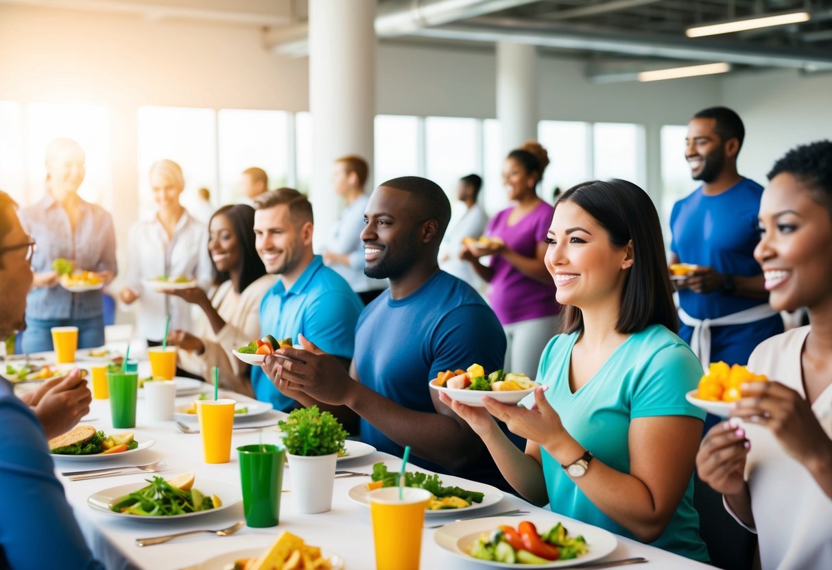 A group of diverse employees engage in physical activity and healthy eating at a company-sponsored health fair