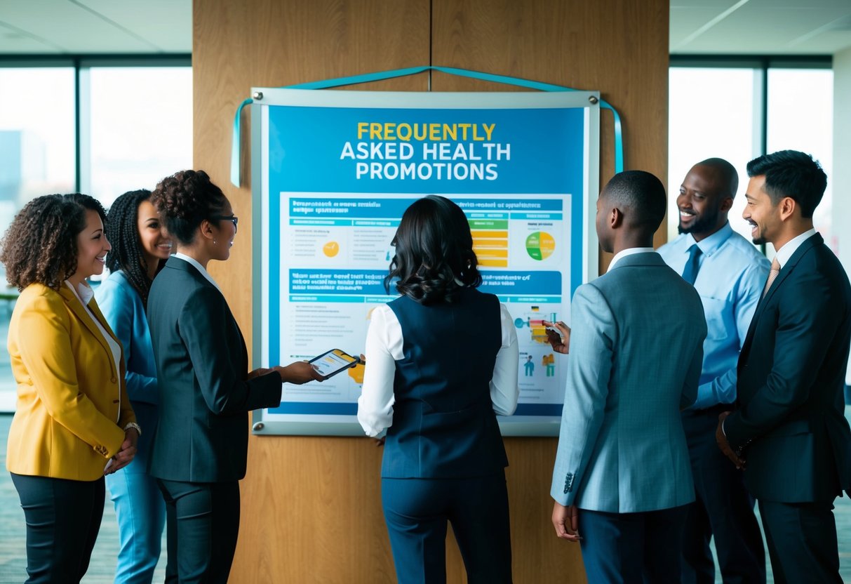 A group of diverse employees gather around a poster board filled with information about workplace health promotions. A banner reading "Frequently Asked Questions" hangs above the display