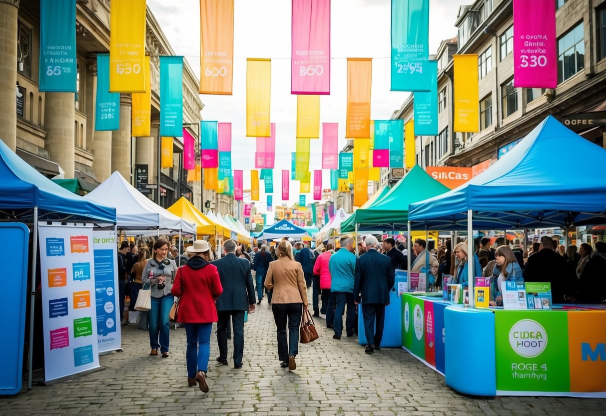 A vibrant outdoor event with colorful banners, tents, and promotional materials displayed in a bustling market square