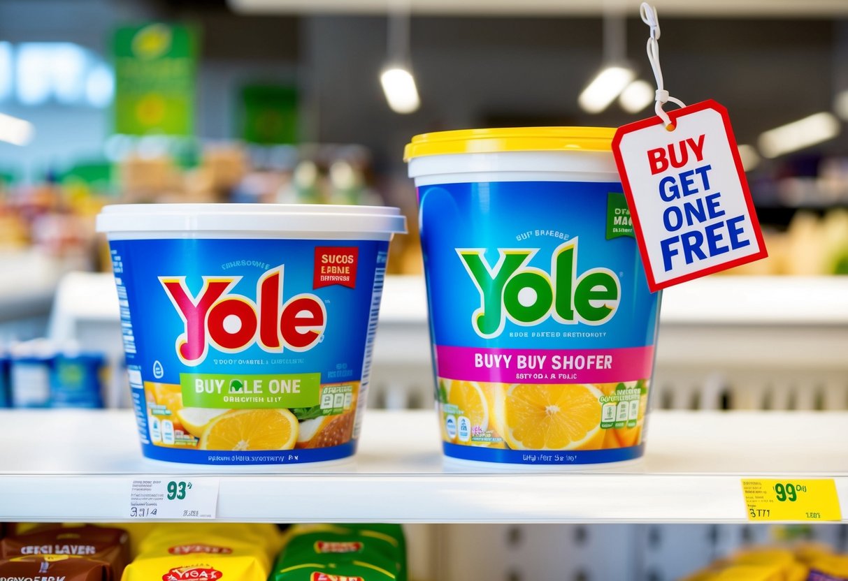 Two yole products, one with a "Buy One Get One Free" tag, displayed on a bright, clean shelf in a grocery store