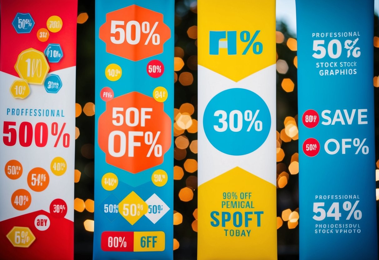 A colorful banner with various discount symbols and promotional graphics