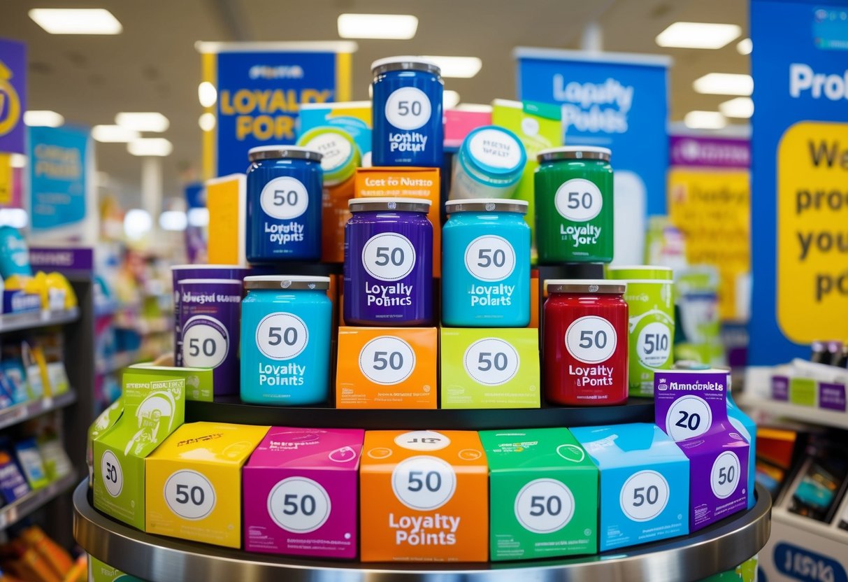 A colorful display of various products with loyalty points stickers, surrounded by promotional signs and banners