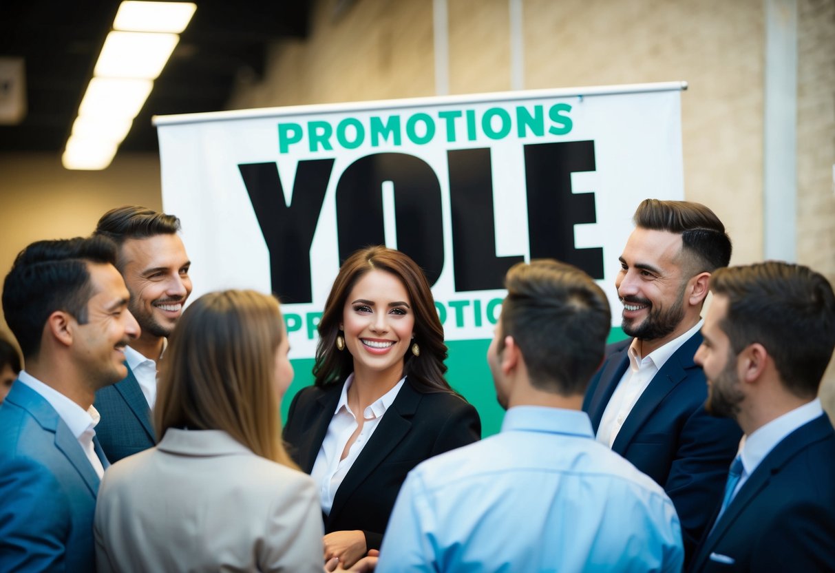 A group of people gathered around a banner with the words "Yole Promotions" on it, smiling and engaging in conversation. The banner is prominently displayed in the center of the scene