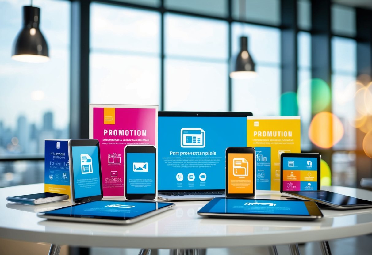 A colorful array of promotional materials and digital devices on a sleek, modern table. A dynamic and engaging atmosphere, with a sense of innovation and creativity