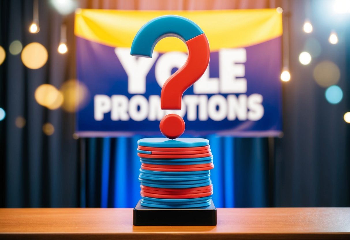 A stack of colorful question mark symbols floating above a podium with a "Yole Promotions" banner in the background