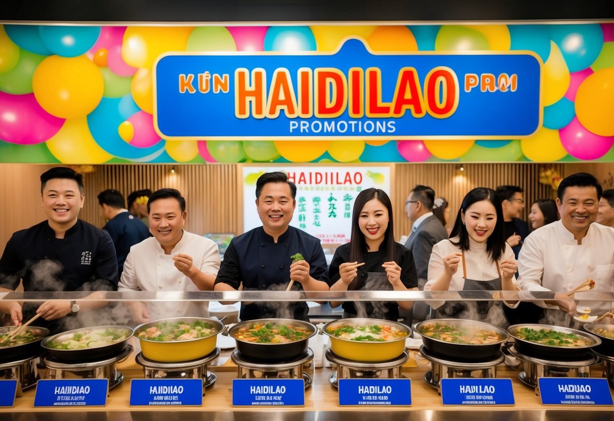 A colorful display of Haidilao promotions, featuring steaming hot pots, fresh ingredients, and happy customers enjoying the dining experience
