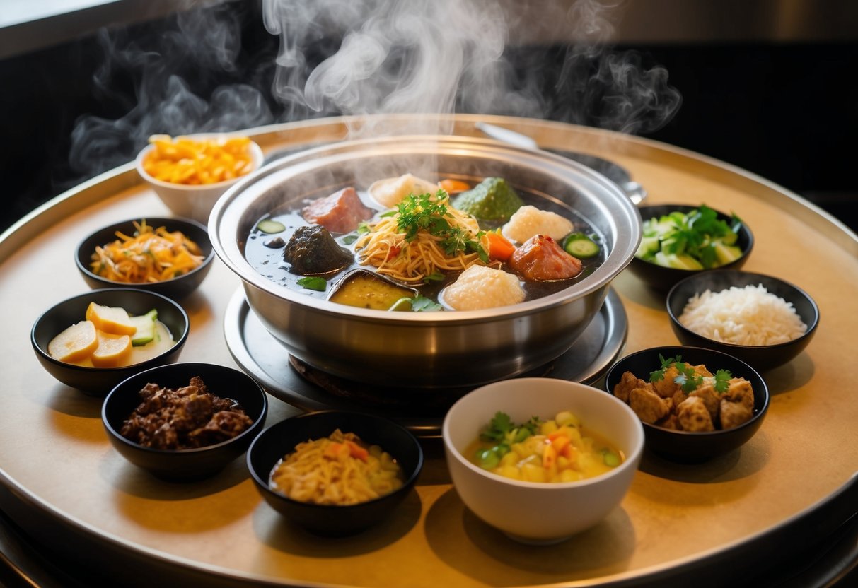 A steaming hotpot with a variety of ingredients, surrounded by a complimentary appetizer, in a festive February Haidilao promotion