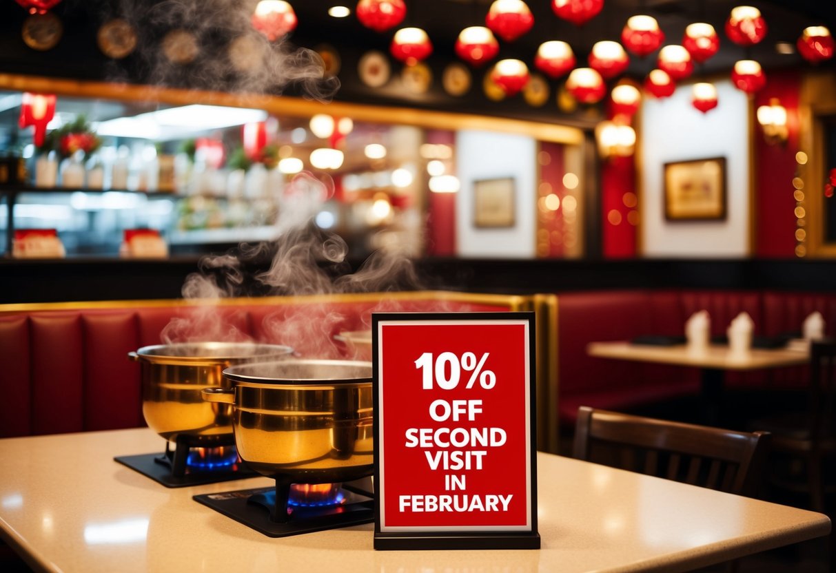 A festive restaurant interior with red and gold decor, steam rising from hot pots, and a prominent "10% off second visit in February" sign