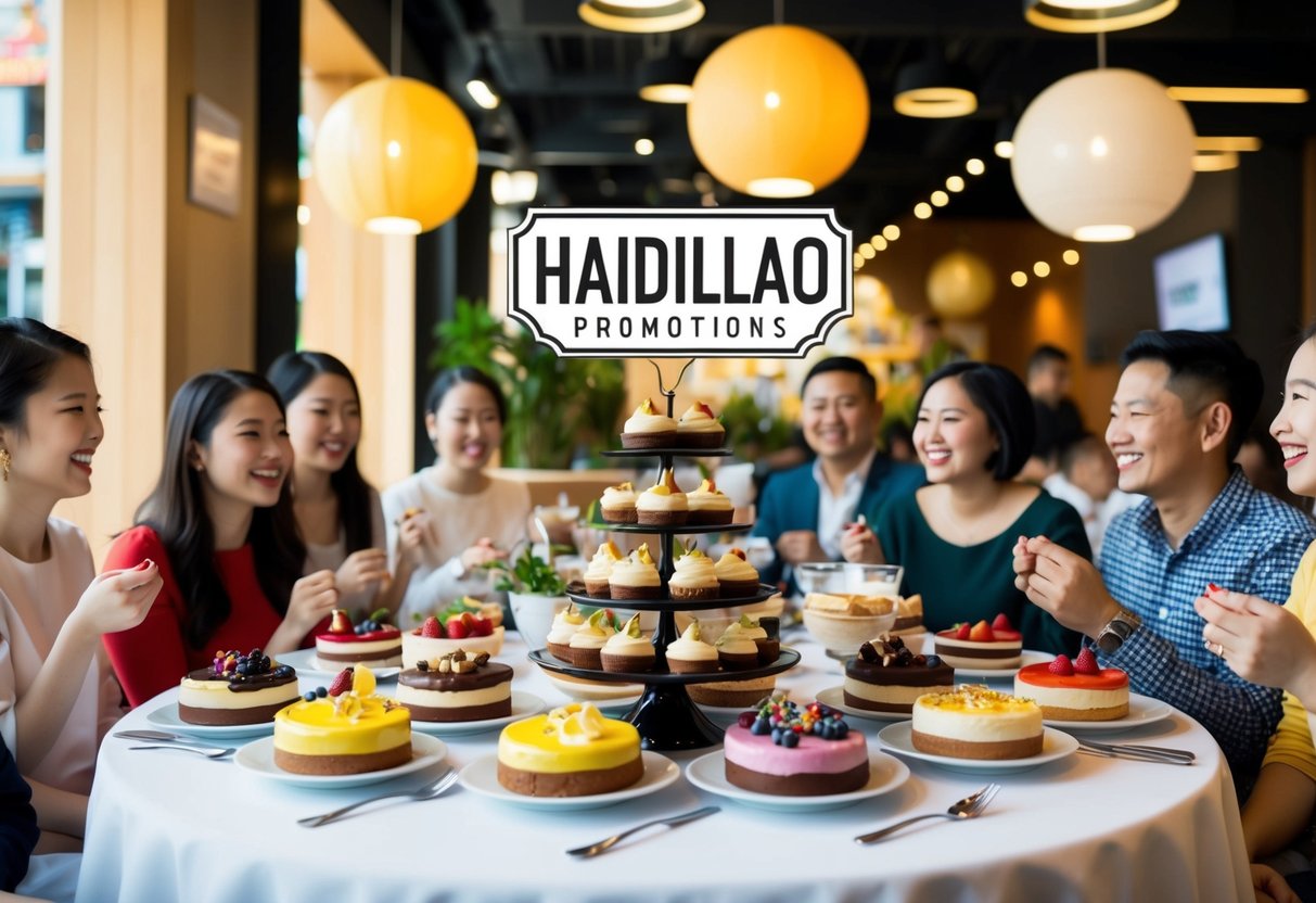 A table with a colorful array of desserts, surrounded by happy diners and a prominent "Haidilao Promotions" sign