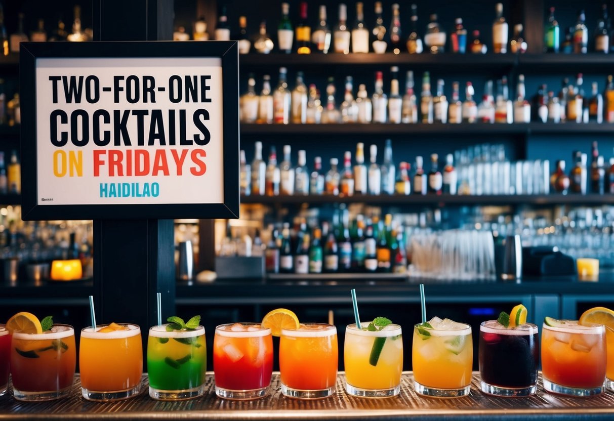 A crowded bar with colorful cocktails lined up on the counter, while a sign advertises "Two-for-one cocktails on Fridays" alongside a Haidilao promotion