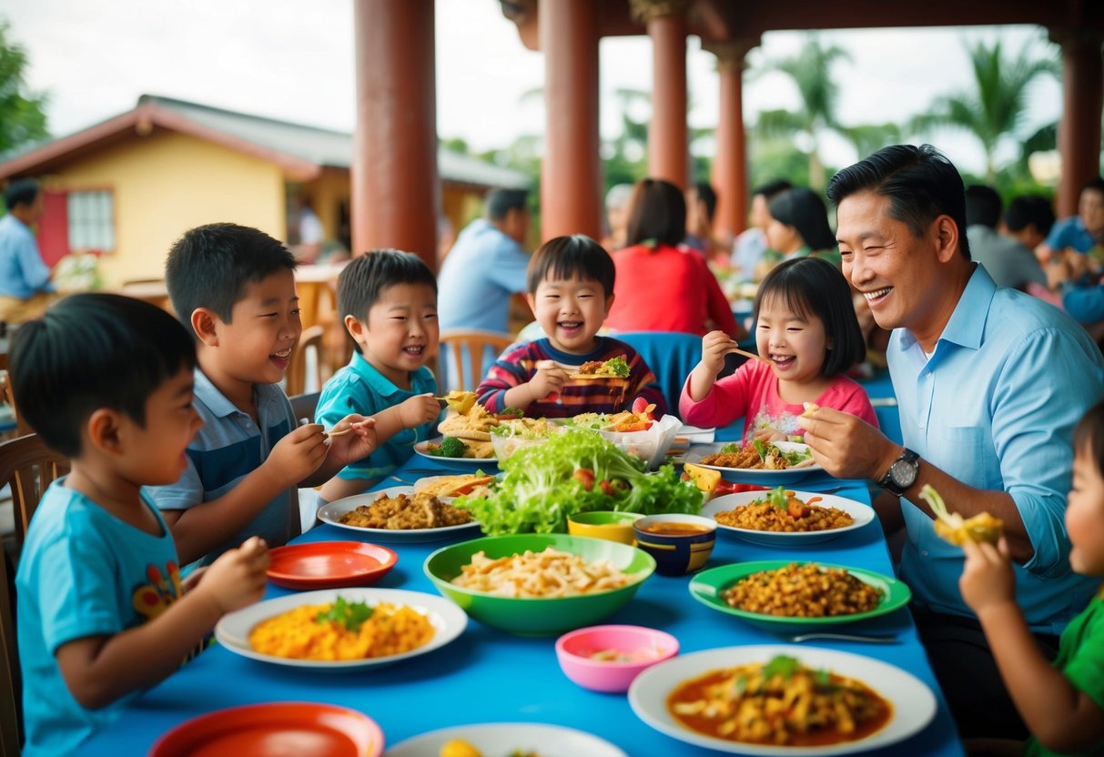 Families enjoy a lively Sunday meal at Haidilao, with children happily eating free and colorful dishes on the table