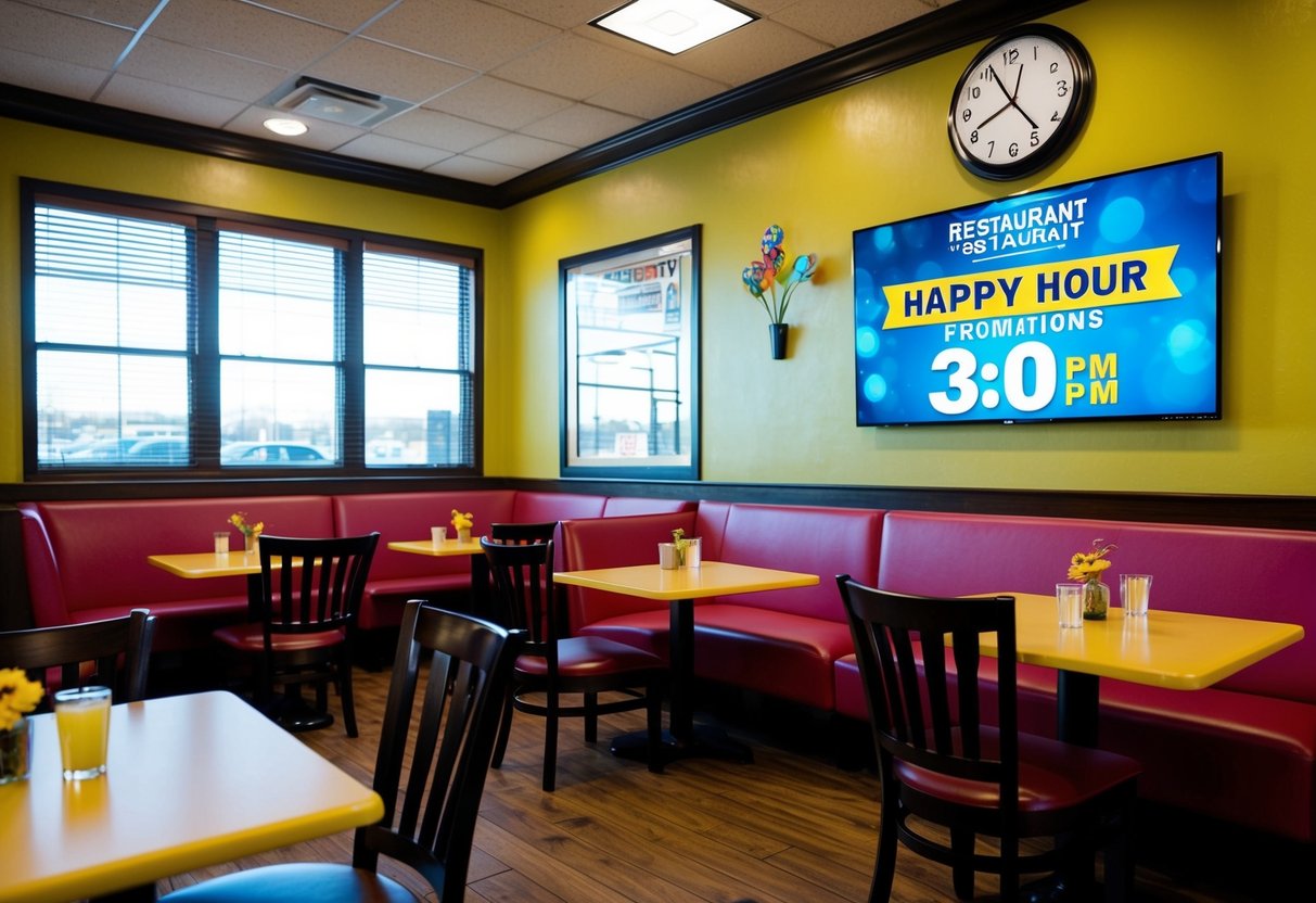 A colorful restaurant interior with tables, chairs, and a clock showing the time as 3:30 PM, with happy hour promotions displayed