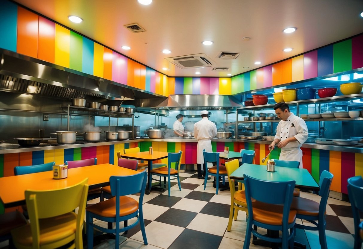 A colorful and bustling restaurant interior with tables, chairs, and steaming hot pots. A chef preparing food in the open kitchen