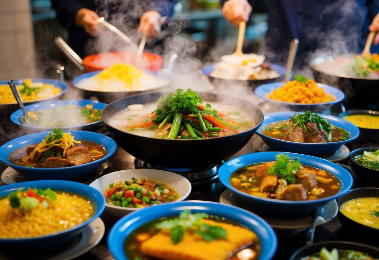 A colorful array of Haidilao Specials, surrounded by steam and vibrant ingredients, sizzling in hot pots