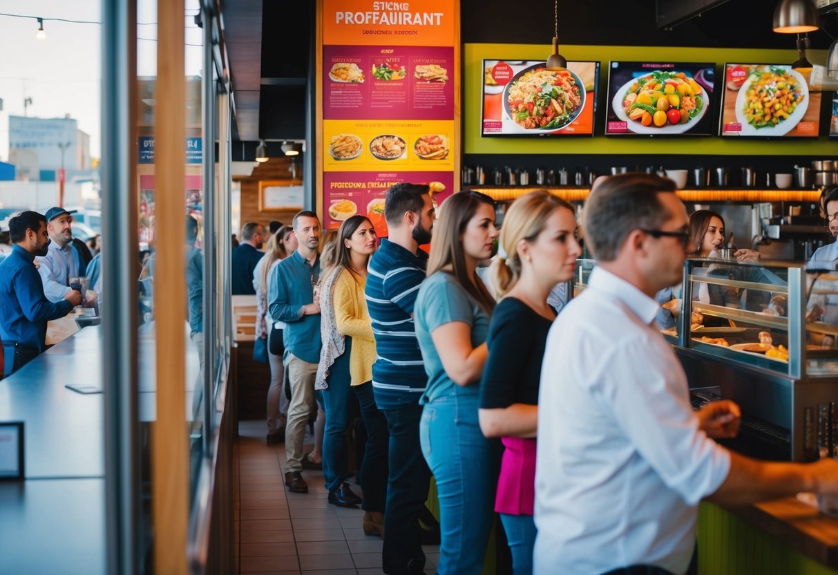 A bustling restaurant with a colorful promotional display and a line of customers eagerly awaiting their turn