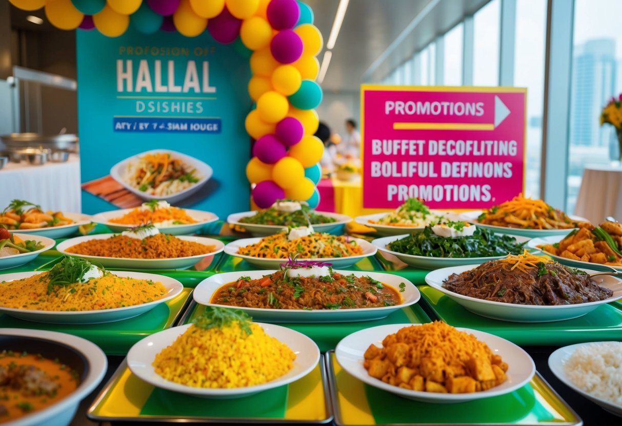 A colorful array of halal dishes displayed on a buffet table, with vibrant decorations and a sign advertising promotions