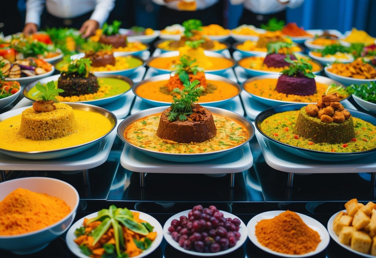 Colorful array of exotic dishes spread out on a buffet table, with aromatic spices and herbs enhancing the vibrant presentation