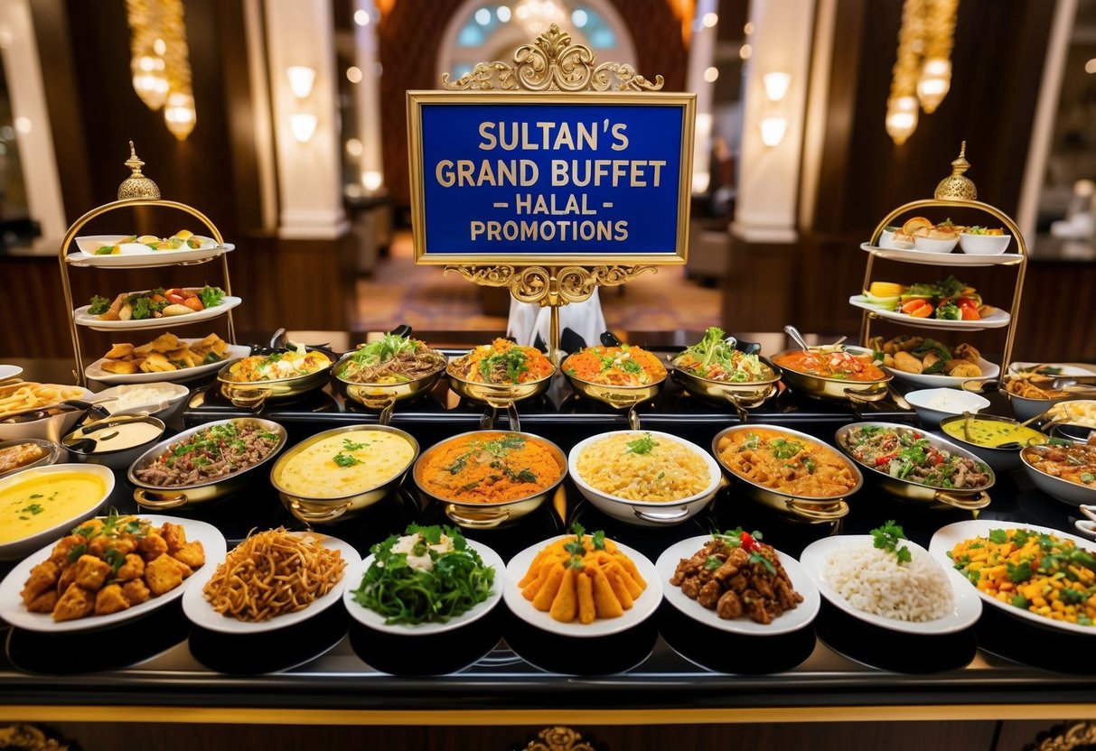 Diverse dishes spread across a lavish buffet table, adorned with ornate decorations and vibrant colors. A sign proudly announces "Sultan's Grand Buffet - Halal Promotions."