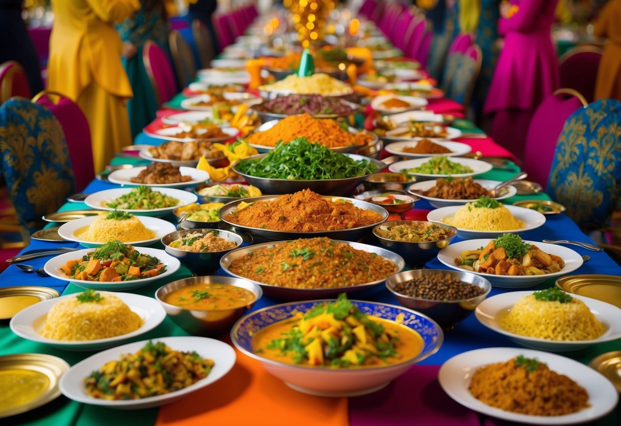 A colorful banquet table overflows with a variety of halal dishes, surrounded by vibrant decorations and the inviting aroma of exotic spices