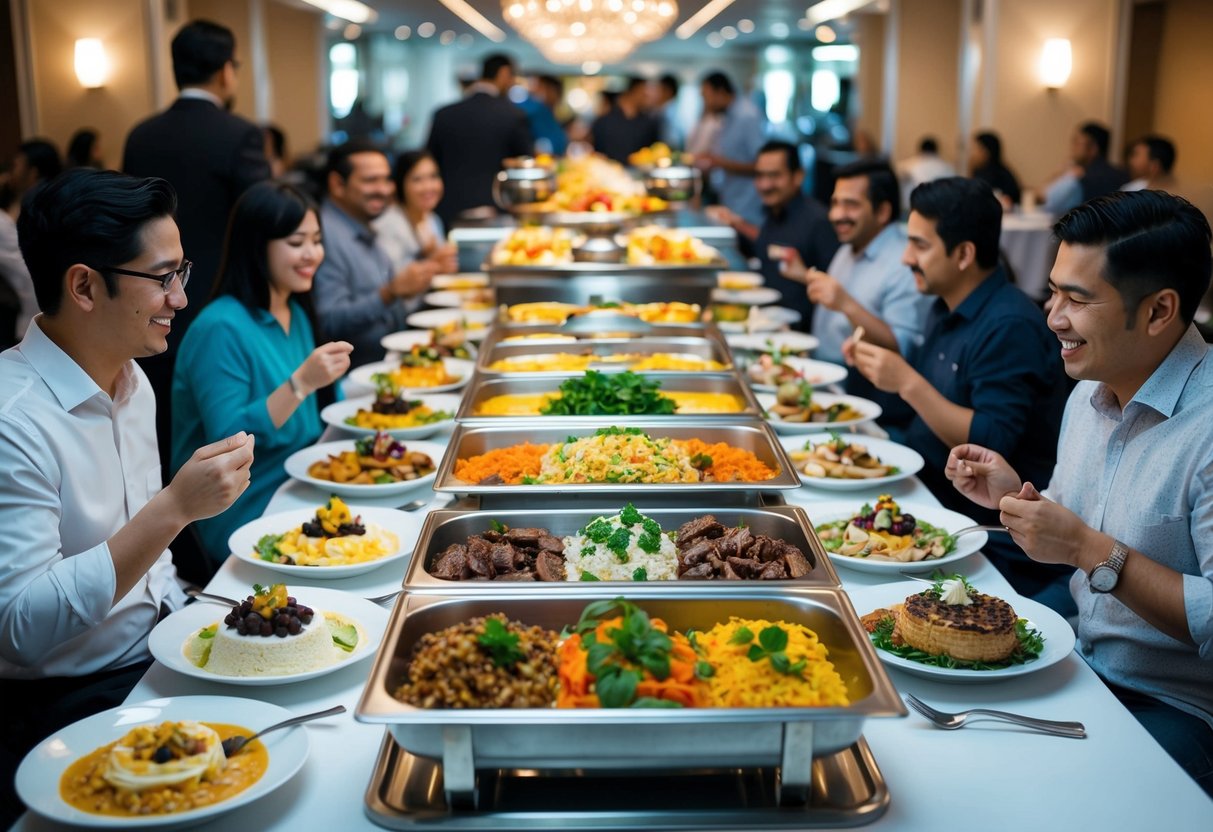 A colorful halal buffet spread with a variety of dishes and desserts, surrounded by happy customers enjoying their meals