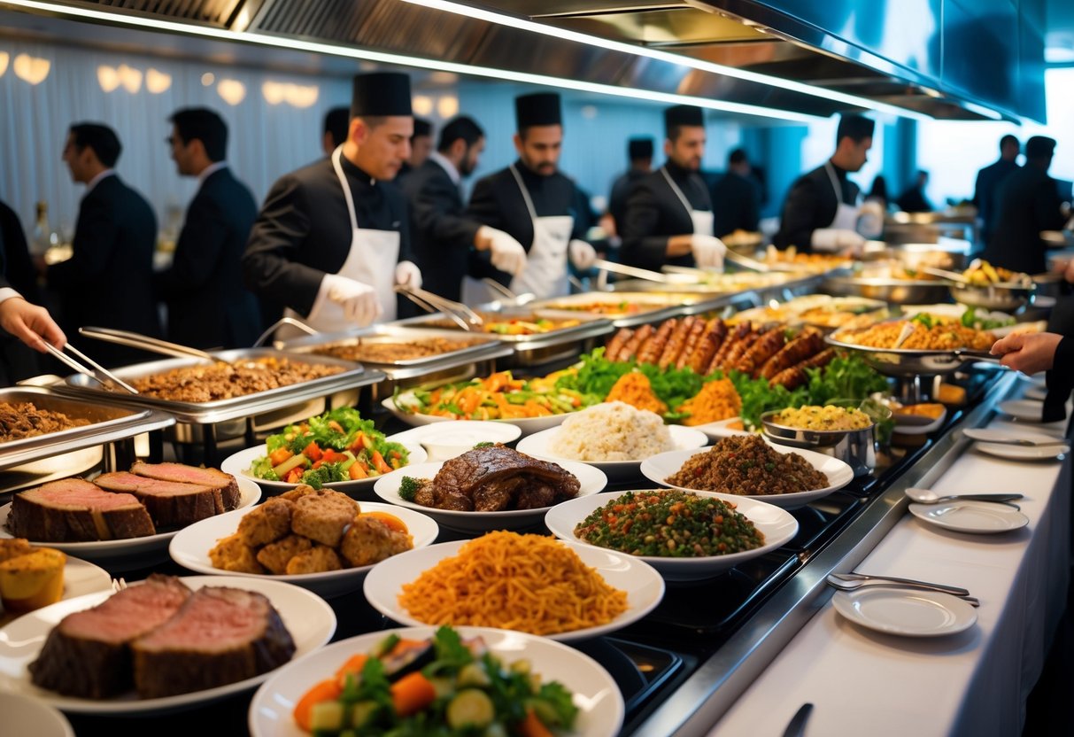 A bustling halal buffet filled with a wide array of delicious dishes, from succulent meats to flavorful vegetarian options, all beautifully presented and attracting eager diners