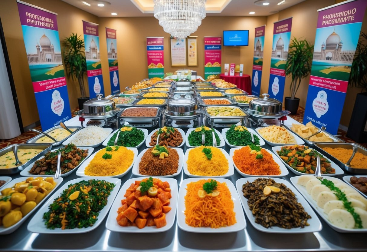 A colorful buffet spread with halal dishes, surrounded by promotional banners and signs