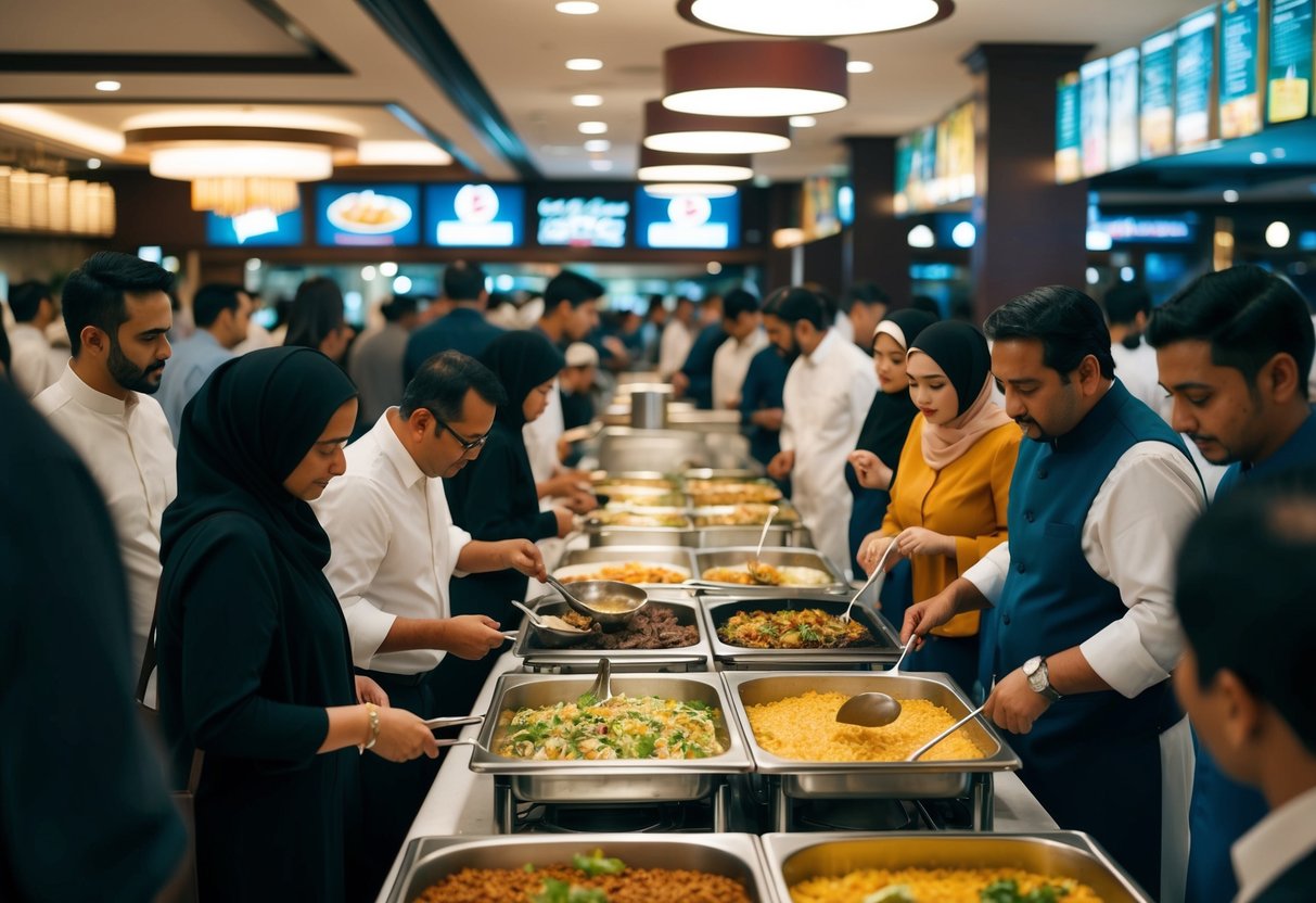 A bustling halal buffet restaurant with a variety of dishes displayed on the tables, customers lining up for promotions